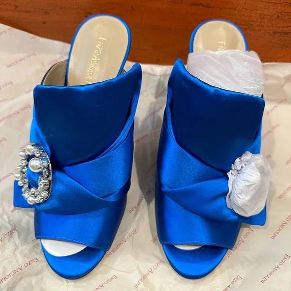 NEW Enzo Angioloni Blue Satin With Pearl & Crystal Open Toe Stiletto. - Picture 2 of 8
